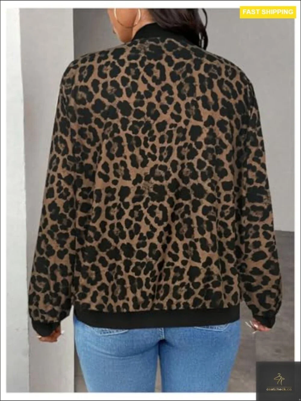 Leopard Print Zip Up Jacket Long Sleeve Collared Lightweight Casual Outerwear